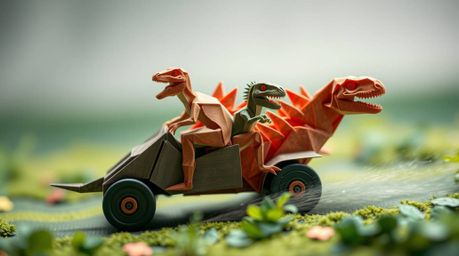 Experience the whimsical fusion of prehistoric life and intricate origami in this extreme macro close-up. A miniature dinosau
