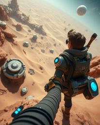 Embark on a thrilling desert adventure with a brave, Disney-style hero in a futuristic sci-fi setting. Overlooking advanced t