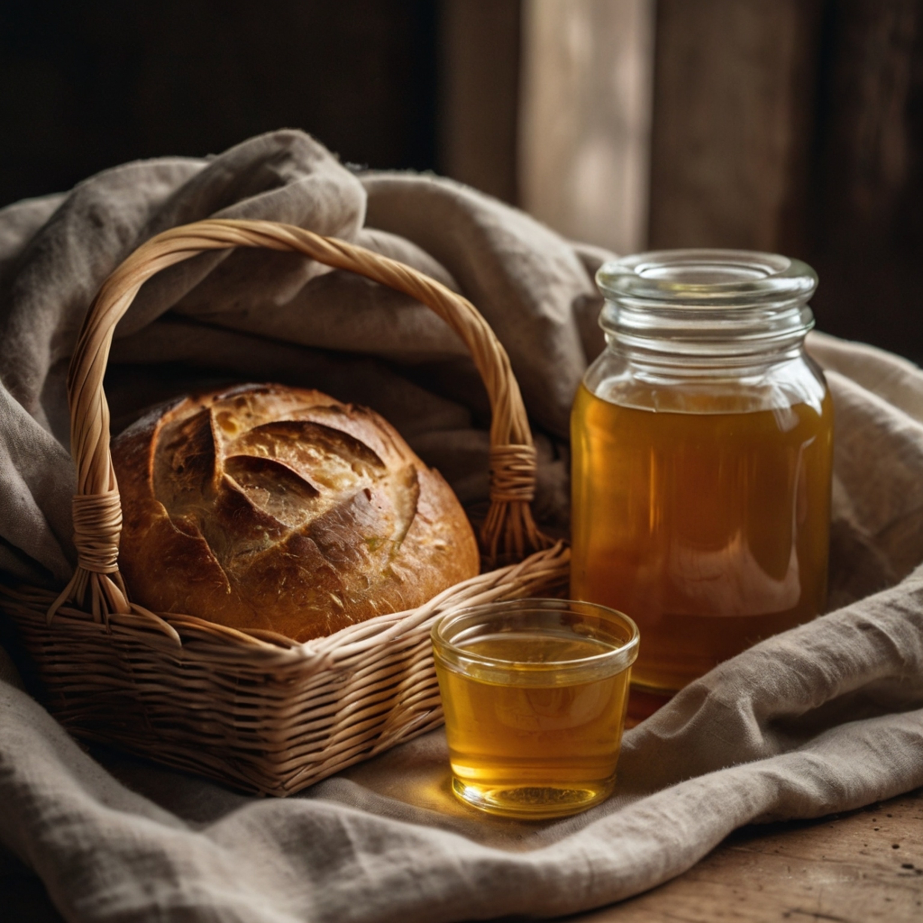 A charming scene featuring a basket overflowing with freshly baked bread. A single loaf is carefully wrapped in a rustic line