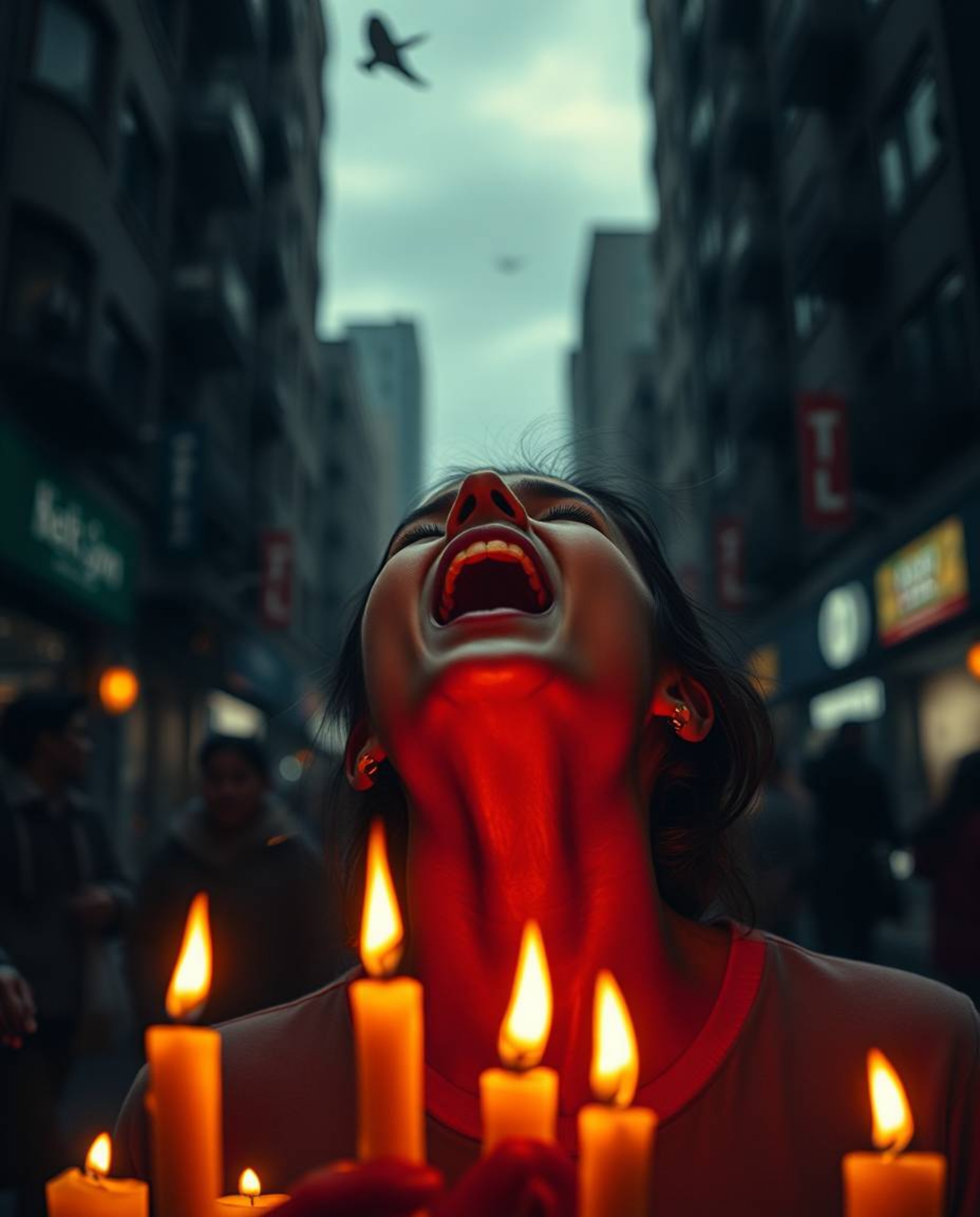 A captivating image depicting a person screaming amidst a chaotic urban scene dissolving into pixels.  The artwork explores t