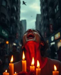 A captivating image depicting a person screaming amidst a chaotic urban scene dissolving into pixels.  The artwork explores t