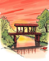 A warm, hand-drawn sketch of an old wooden bridge over a river at sunset. This piece is rendered in a color sketchnote style,