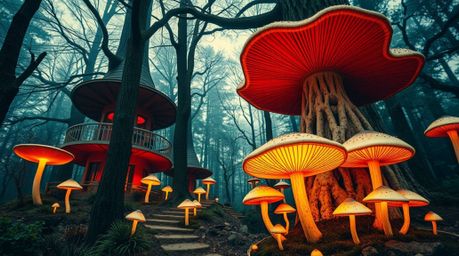 Discover stunning architectural color photography of a vintage-style enchanted forest.  Glowing mushrooms illuminate the scen