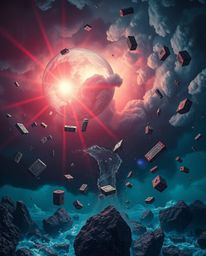 A surreal storm featuring flying objects and broken gravity is rendered with a sophisticated and elegant style, showcasing ri