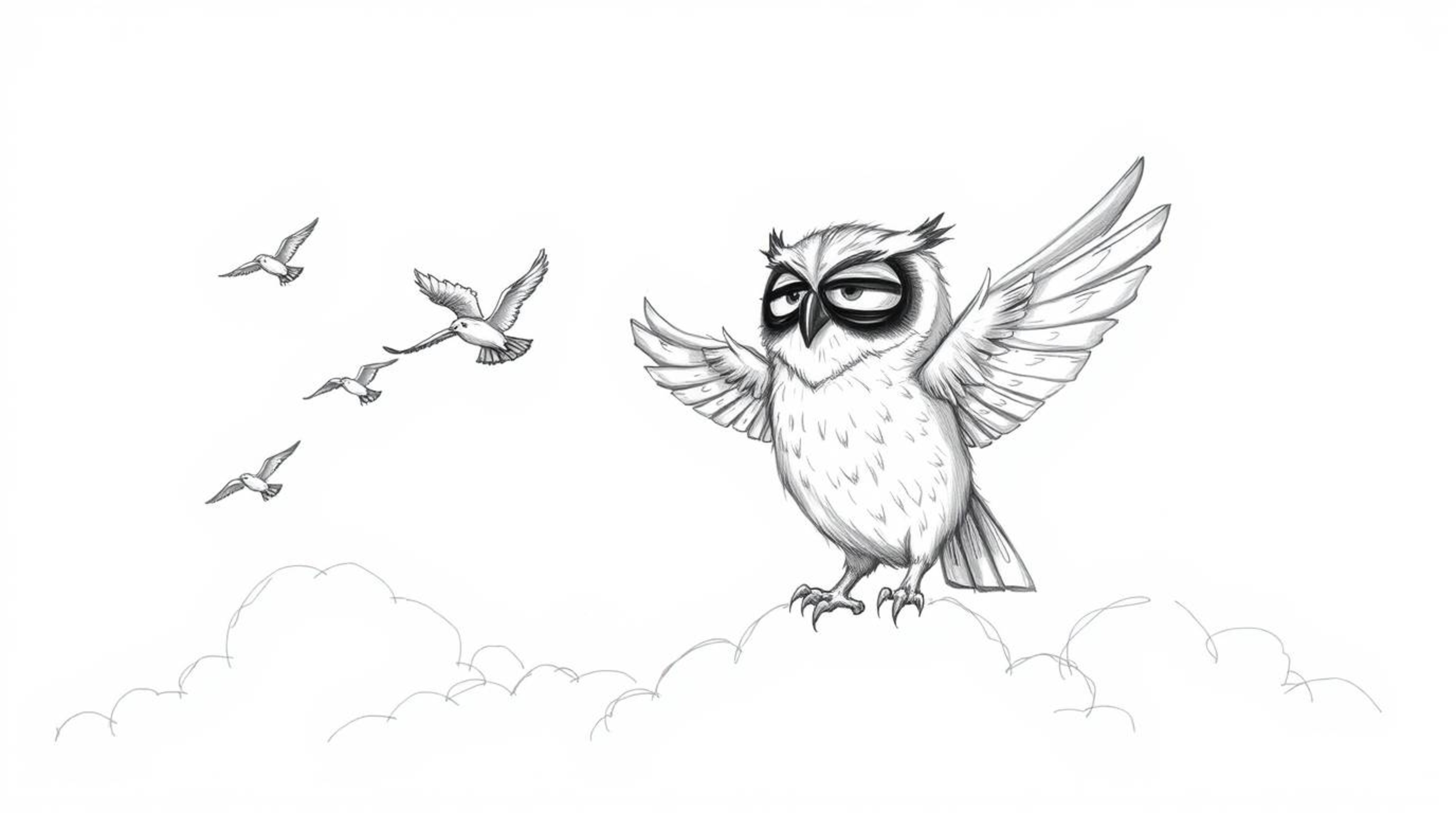 A heartwarming hand-drawn sketch in the style of Pixar depicts a blind owl, rendered with soft, feathery textures and express