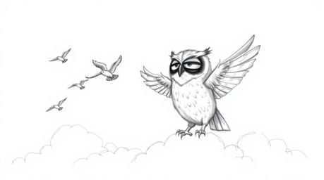 A heartwarming hand-drawn sketch in the style of Pixar depicts a blind owl, rendered with soft, feathery textures and express