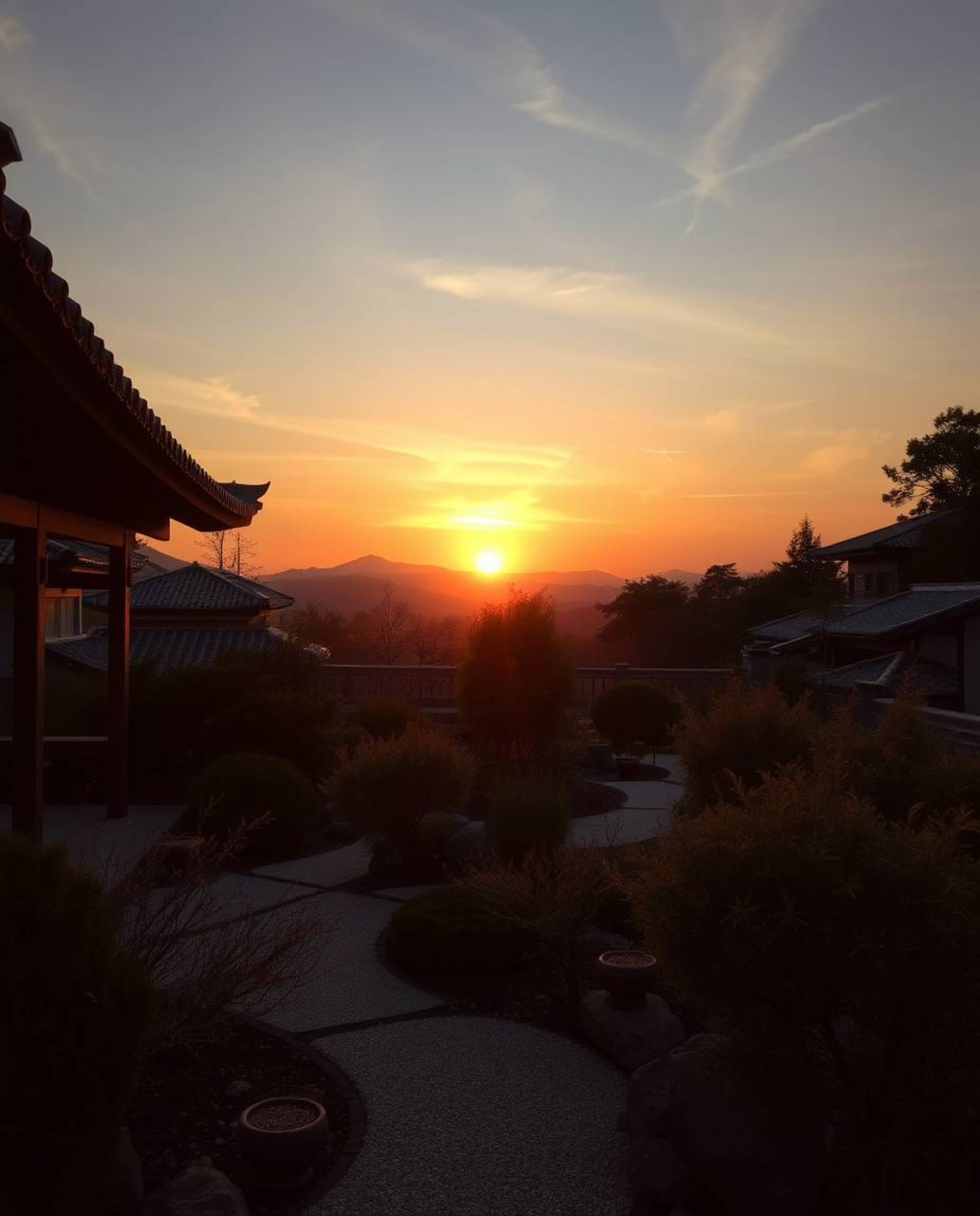 Ethereal, high-resolution stock photo of a sunset over a serene Zen garden; commercial quality, soft light aura, and mystical