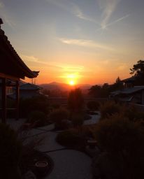 Ethereal, high-resolution stock photo of a sunset over a serene Zen garden; commercial quality, soft light aura, and mystical