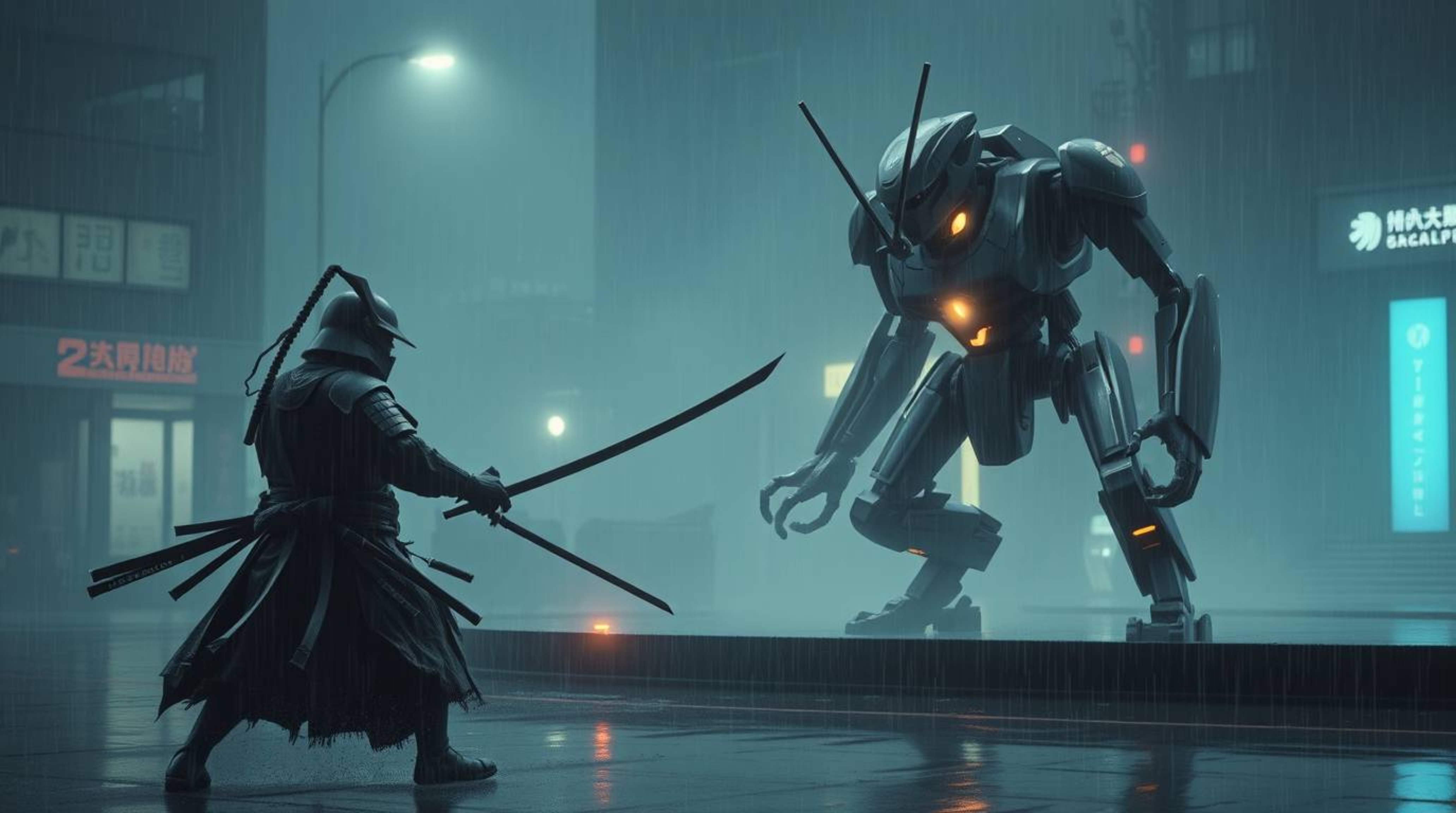 In a rain-soaked, dystopian world, a lone samurai faces off against a formidable robot. The scene is bathed in soft, hazy lig