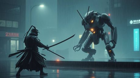 In a rain-soaked, dystopian world, a lone samurai faces off against a formidable robot. The scene is bathed in soft, hazy lig