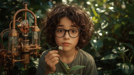 a vibrant, whimsical, Pixar-inspired photograph of a bright-eyed, bespectacled, homeschooled genius, with curly brown hair an