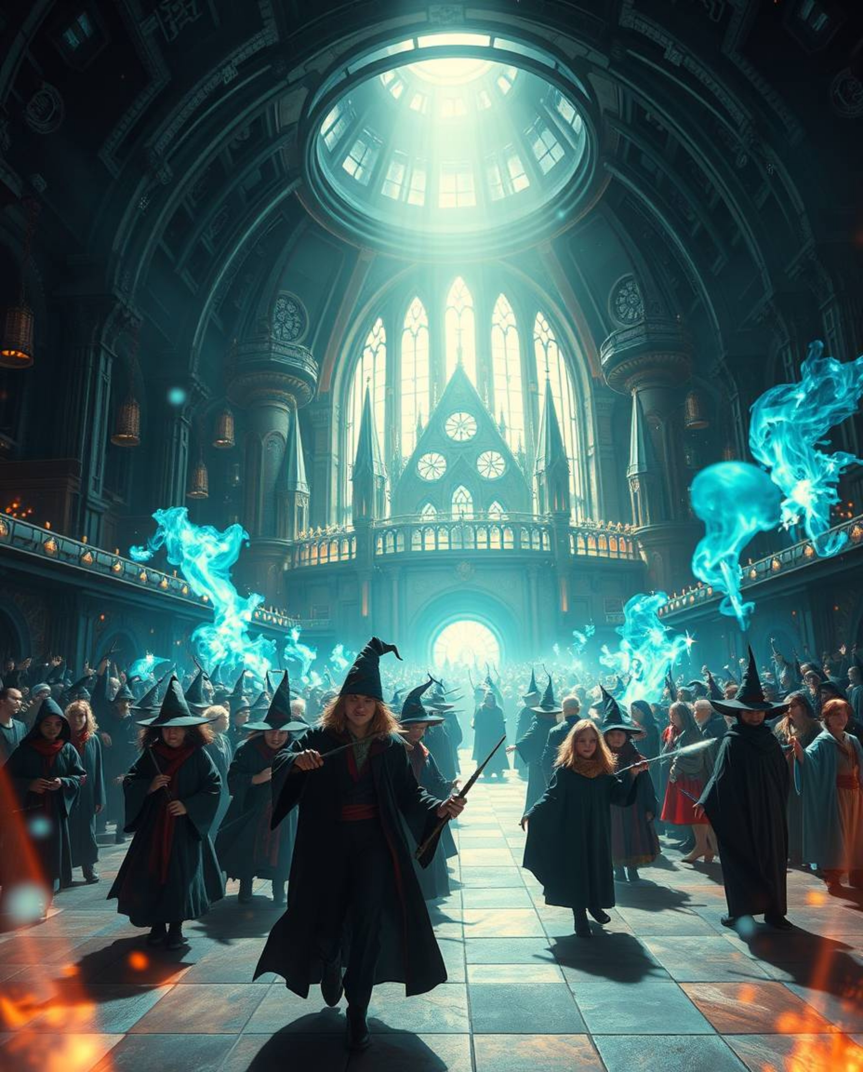 Immerse yourself in a grand, epic scene of a magical school teeming with young wizards in a futuristic setting. This massive-