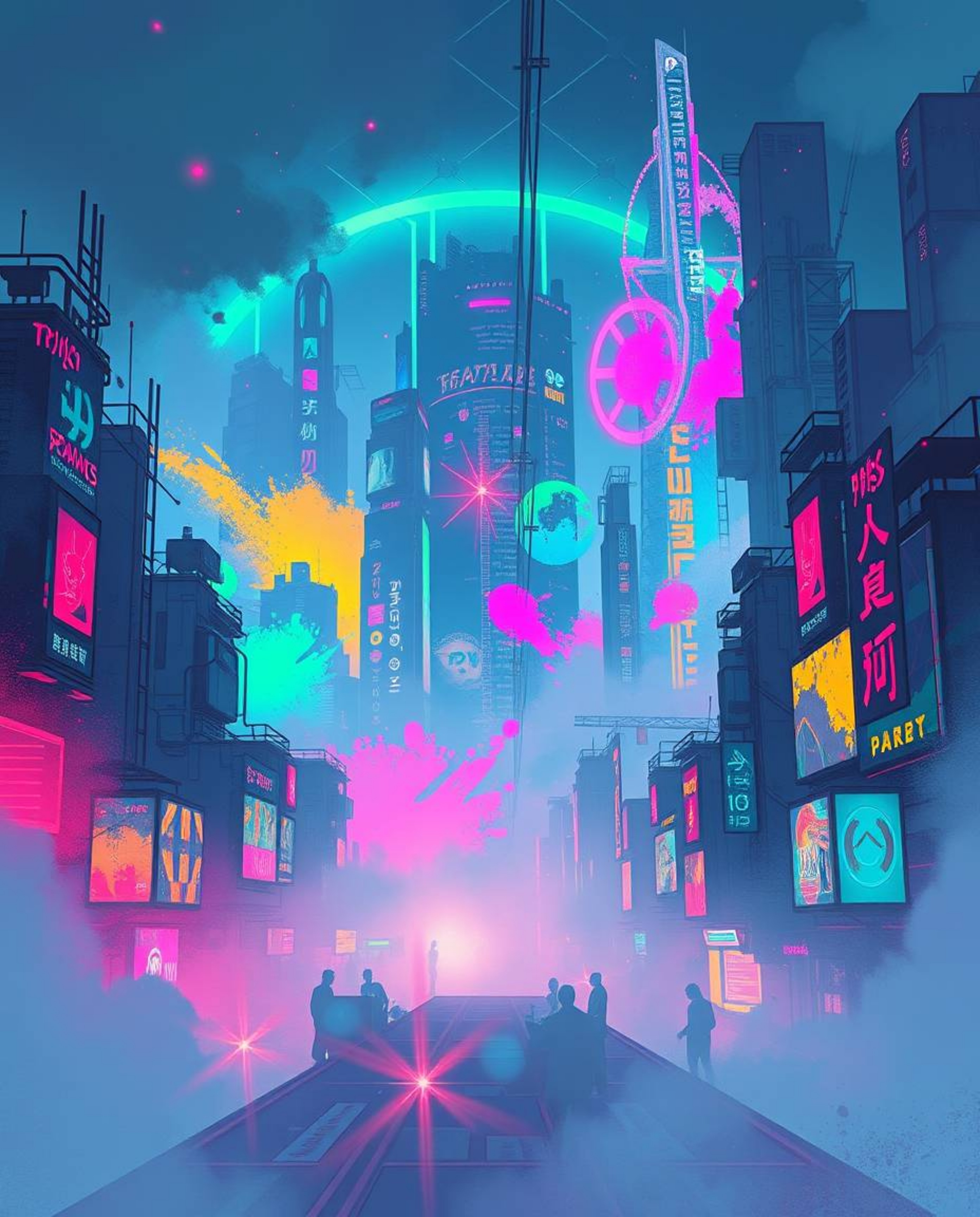This illustration captures a breathtaking futuristic cityscape immersed in a cyberpunk aesthetic. Colorful neon splashes illu