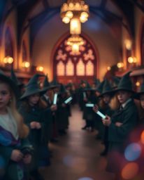 Immerse yourself in a world of magic with this creative light art depicting a magical school teeming with young wizards. The 
