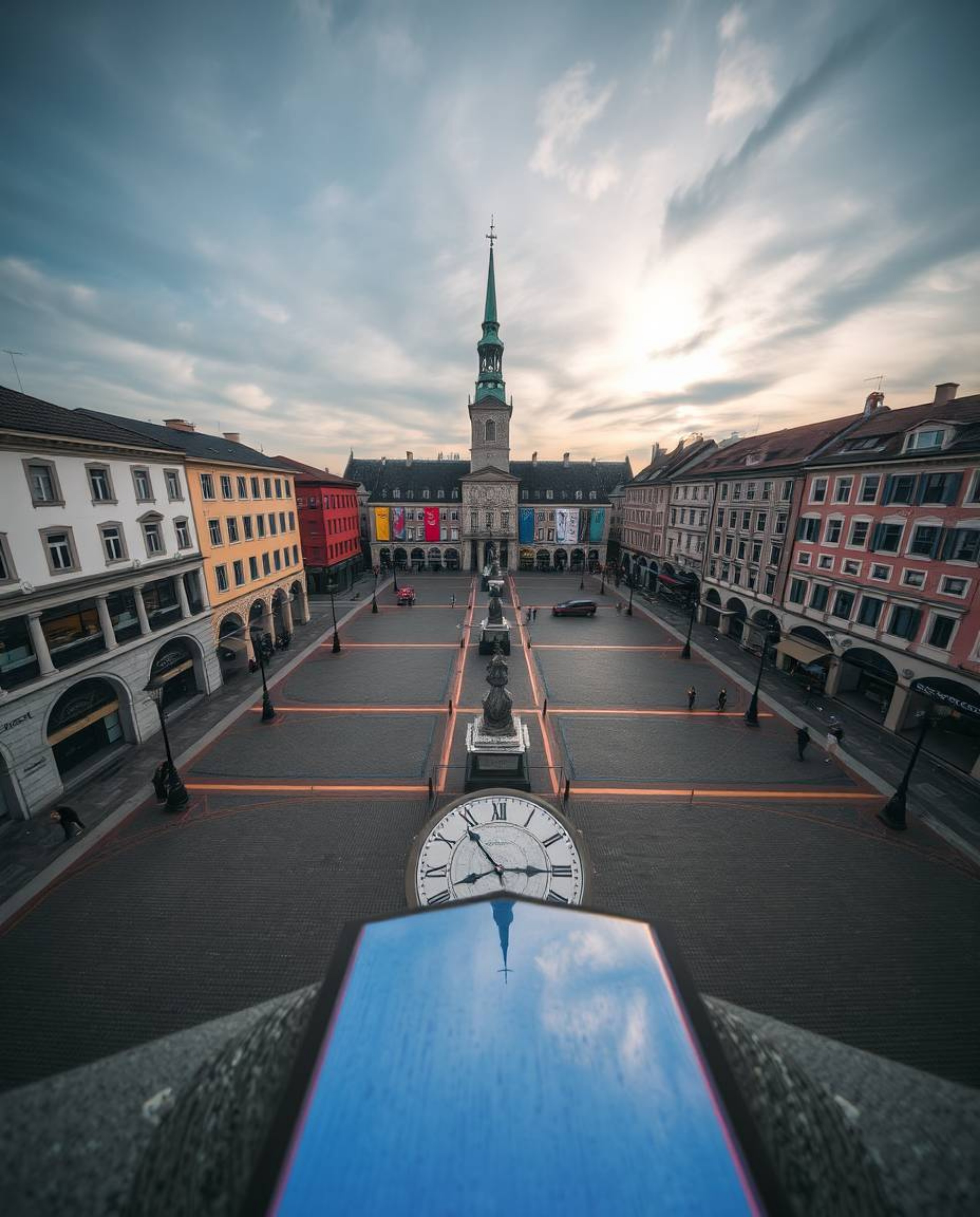 Experience the tranquility of an empty town square captured from a high-angle perspective. Iridescent colors create mesmerizi