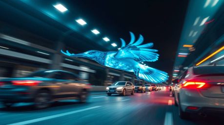 Witness the spectacle of a fast-running bird, its form aglow with bioluminescent colors, streaking past the mundane cityscape