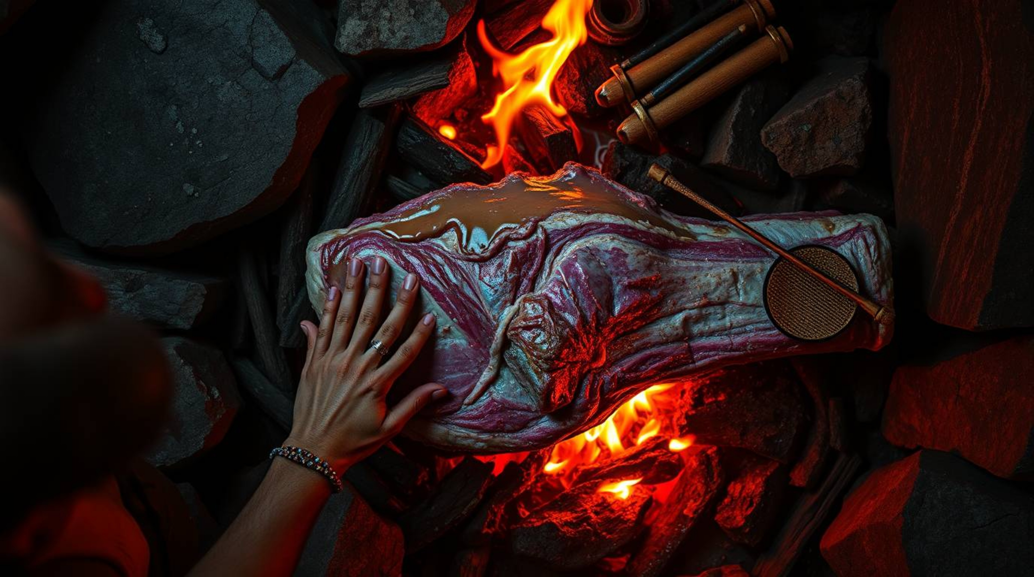 Experience a unique overhead bird's eye view of a caveman skillfully cooking mammoth meat. The scene is brought to life with 