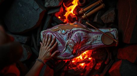 Experience a unique overhead bird's eye view of a caveman skillfully cooking mammoth meat. The scene is brought to life with 