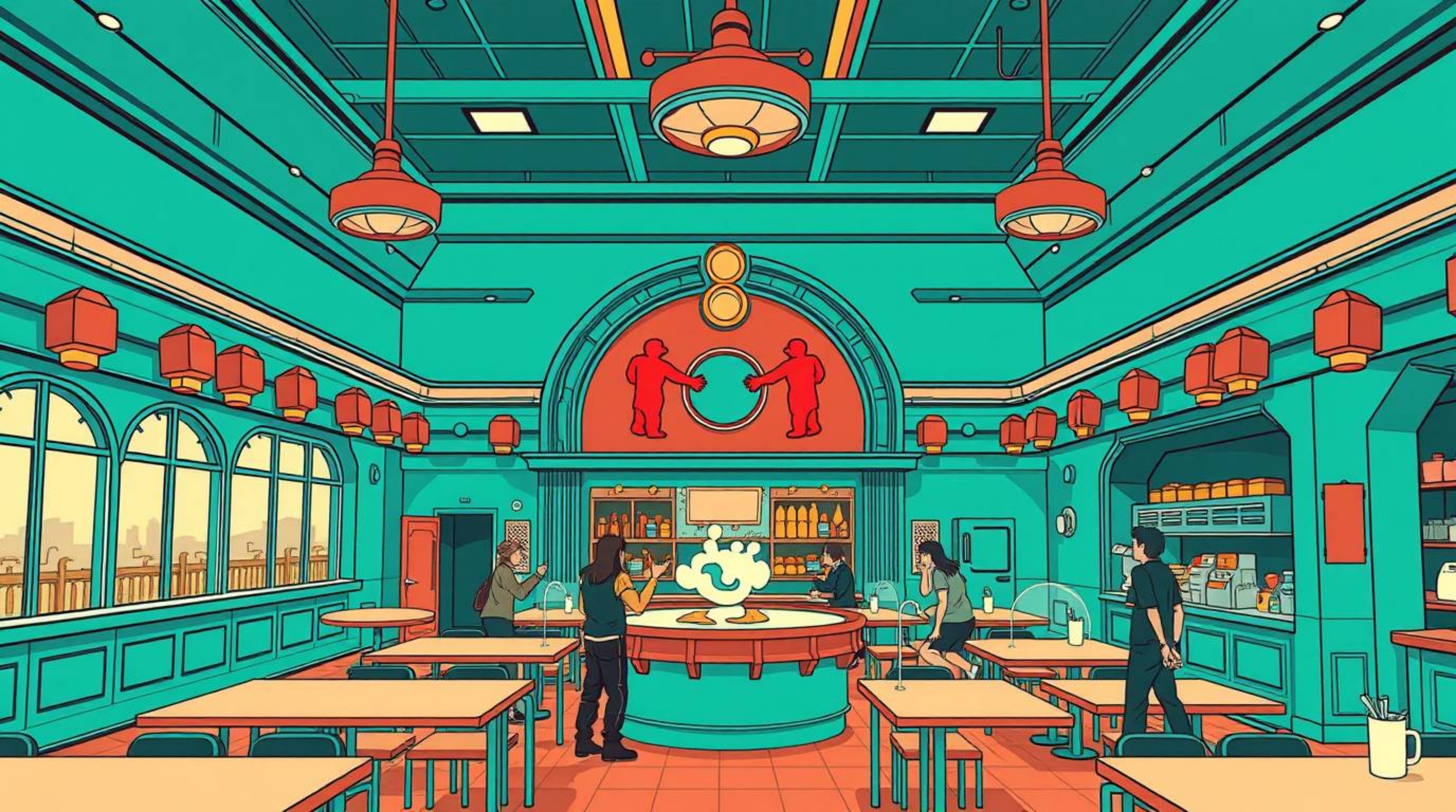 A vibrant and meticulously detailed architectural photograph captures the chaotic energy of a cartoon cafeteria food fight.  