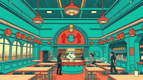 A vibrant and meticulously detailed architectural photograph captures the chaotic energy of a cartoon cafeteria food fight.  