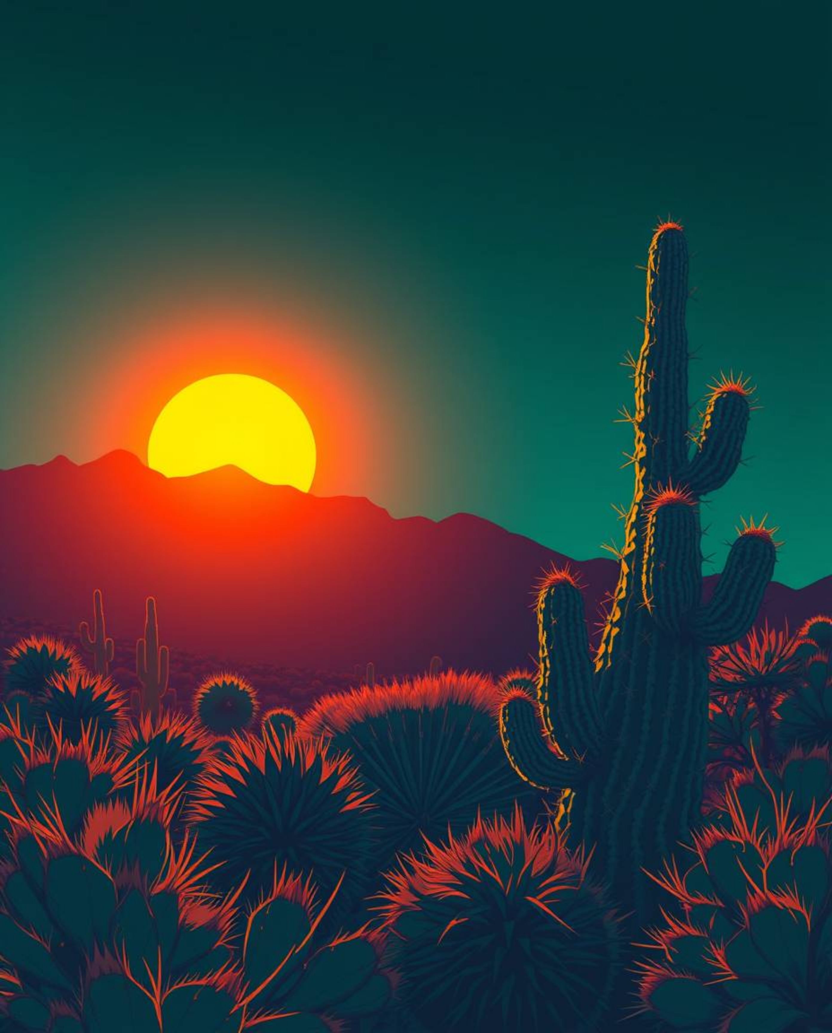 An Isekai anime style artwork captures a desert cactus glowing in the last rays of the sun. Dominated by a rich, deep teal, t