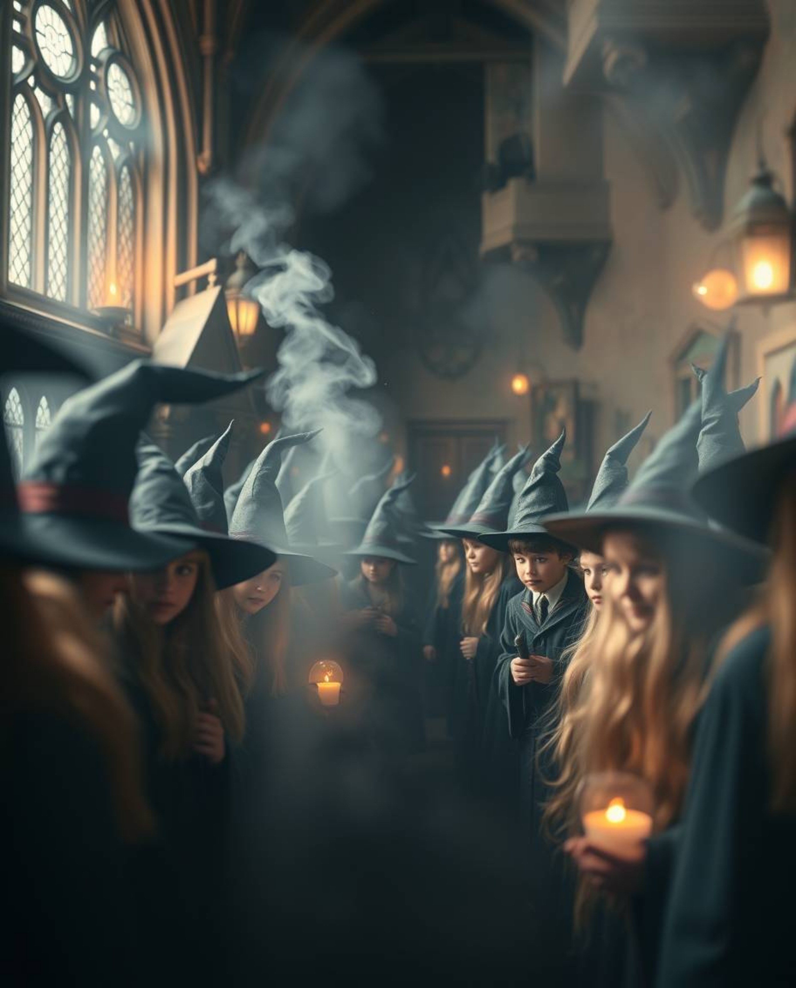 Explore a fantastical wizarding academy in extreme macro detail, showcasing young wizards amidst seamless color gradients and