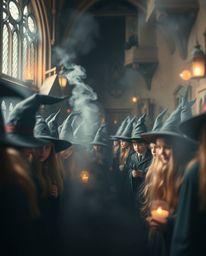 Explore a fantastical wizarding academy in extreme macro detail, showcasing young wizards amidst seamless color gradients and