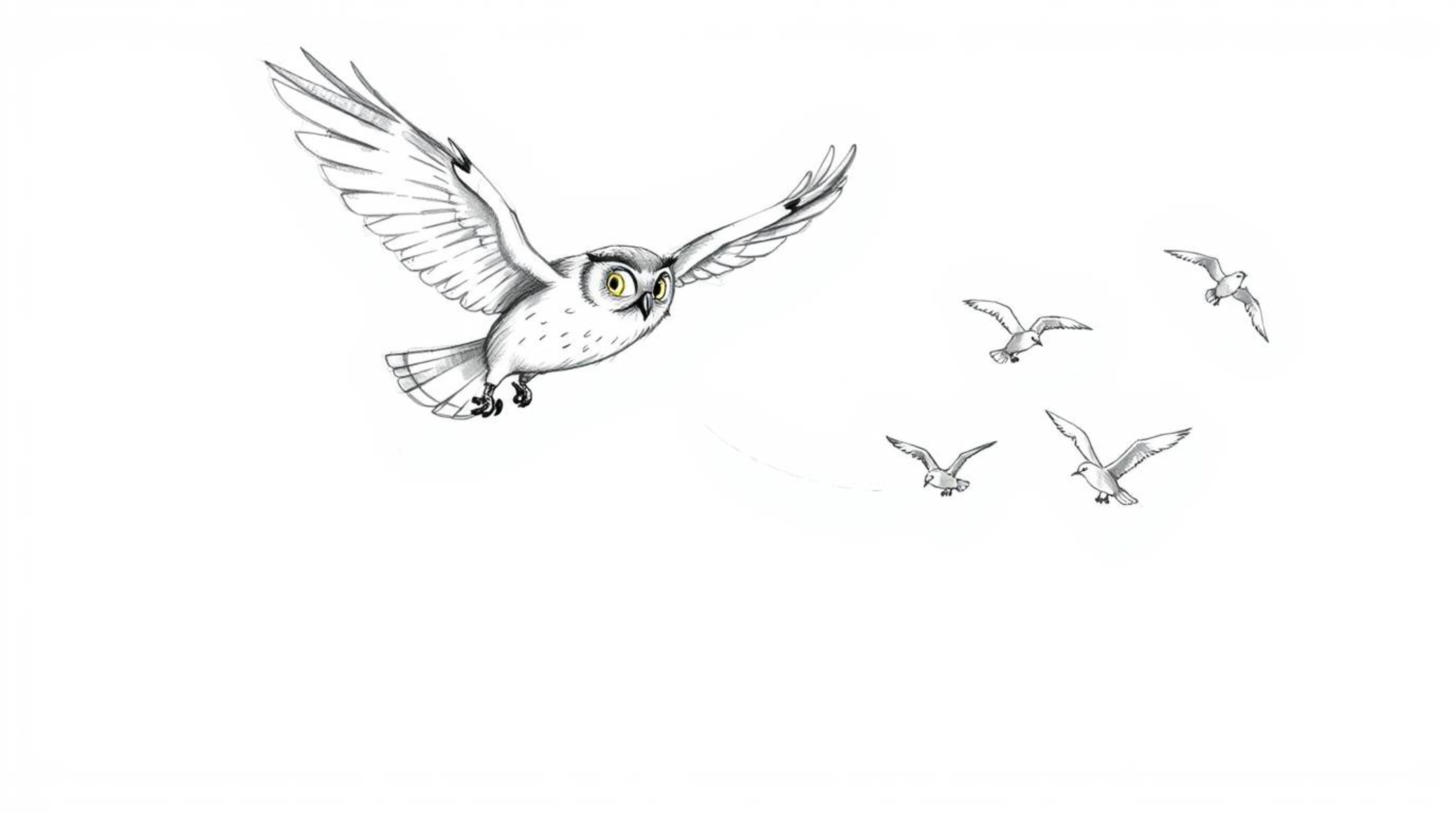 A whimsical, hand-drawn sketch in the style of Pixar depicts a blind owl soaring mid-flight, leading a group of birds in a fl
