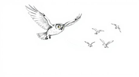 A whimsical, hand-drawn sketch in the style of Pixar depicts a blind owl soaring mid-flight, leading a group of birds in a fl