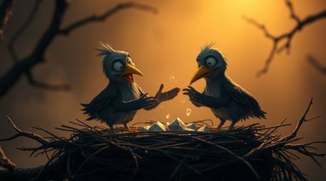 A professional photograph of two cartoon birds constructing a nest in a classic animation style. The image presents an eerie 