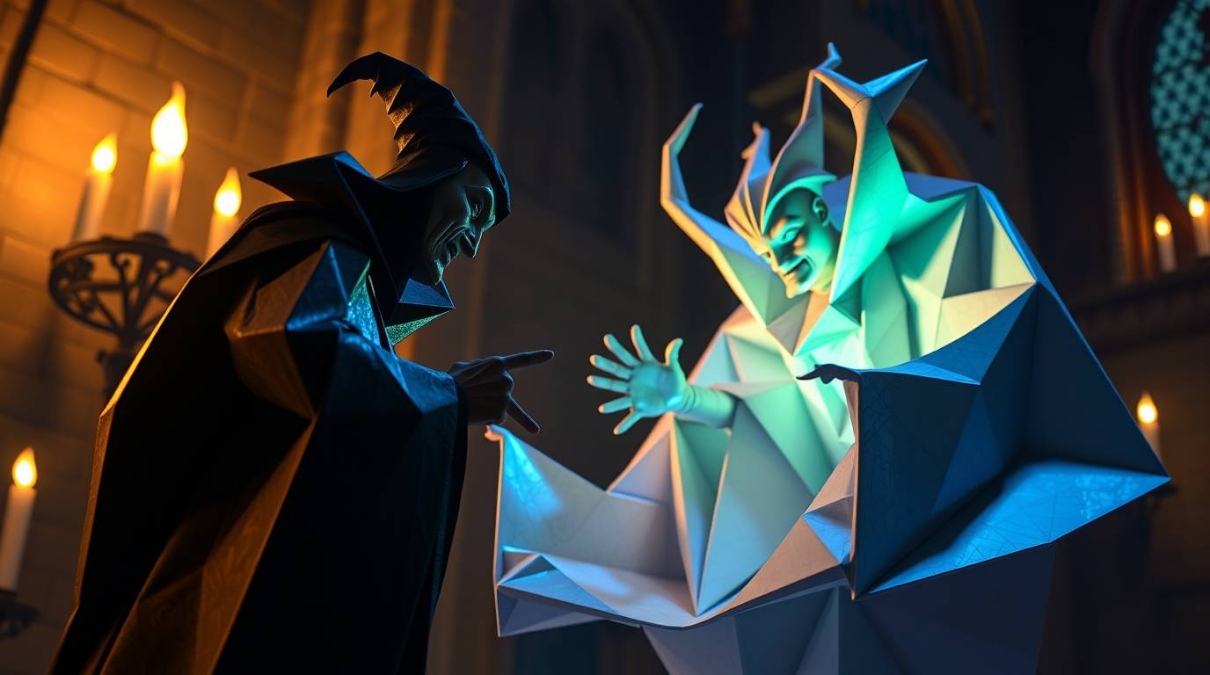 A mesmerizing image depicting an intricate origami scene. A classic Disney villain casts a spell within an old castle, bathed