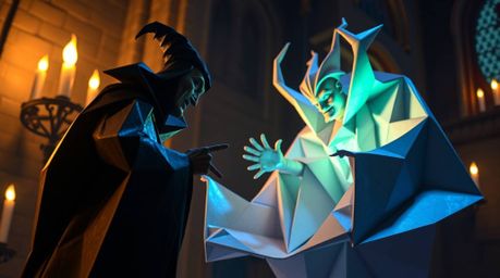A mesmerizing image depicting an intricate origami scene. A classic Disney villain casts a spell within an old castle, bathed