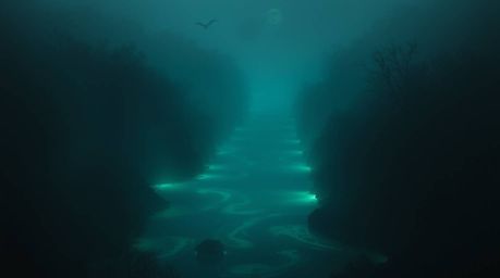This captivating scene depicts a rich, deep teal river delta illuminated by the twilight's glow, creating an eerie and somewh