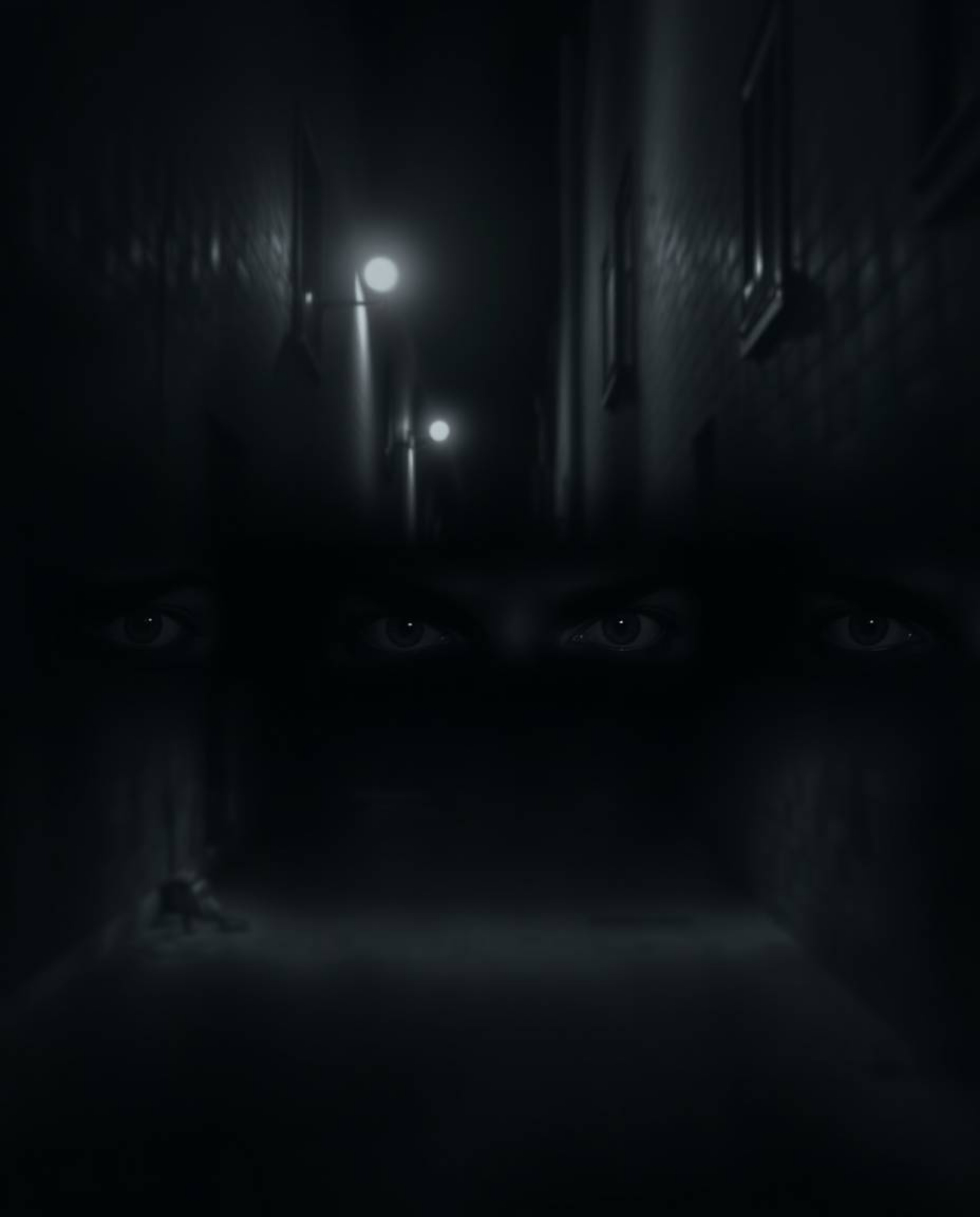 A classic black and white image utilizing chiaroscuro lighting creates an eerie and creepy atmosphere, showcasing eyes watchi