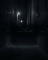 A classic black and white image utilizing chiaroscuro lighting creates an eerie and creepy atmosphere, showcasing eyes watchi