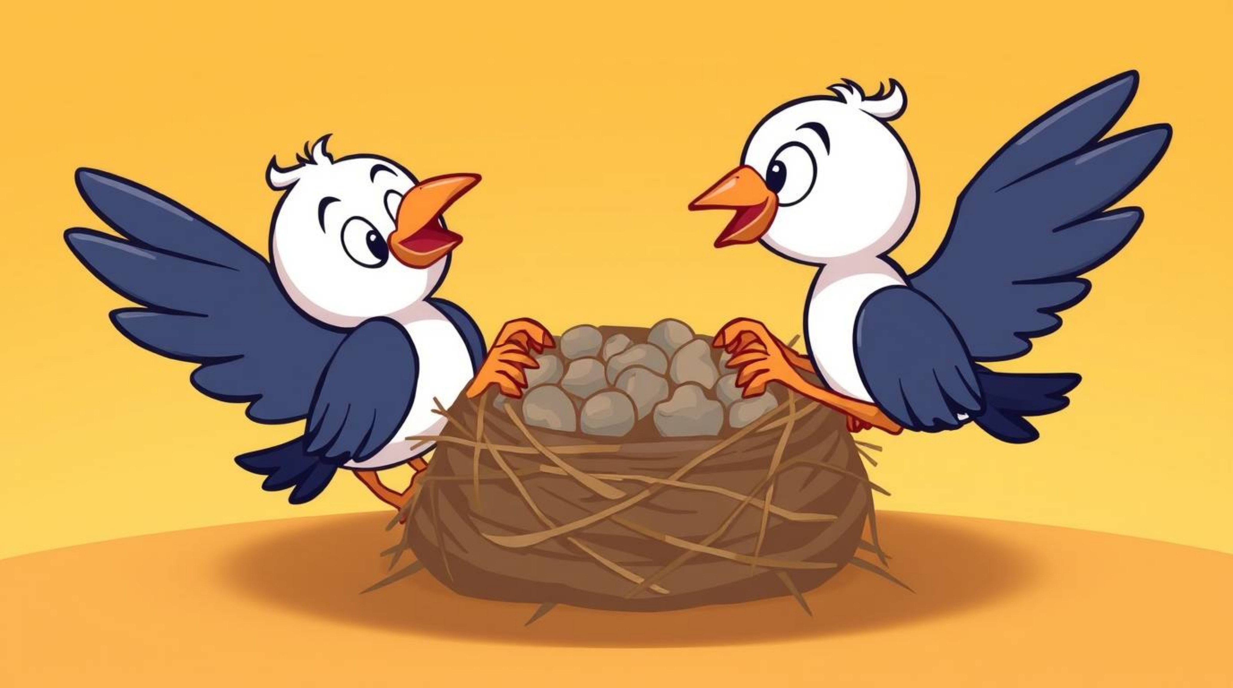 Delightful animation showcasing two cartoon birds constructing a nest in a classic style. The smooth color gradient creates