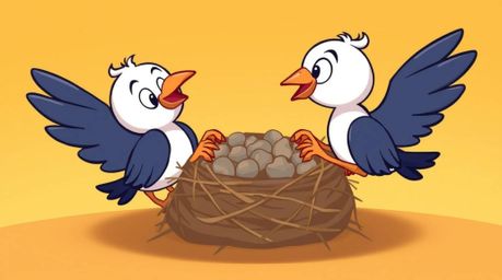 Delightful animation showcasing two cartoon birds constructing a nest in a classic style. The smooth color gradient creates