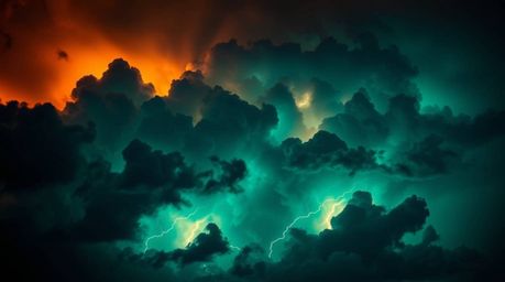 Witness the breathtaking spectacle of thunderstorm clouds ignited by the vibrant hues of a setting sun.  This image showcases