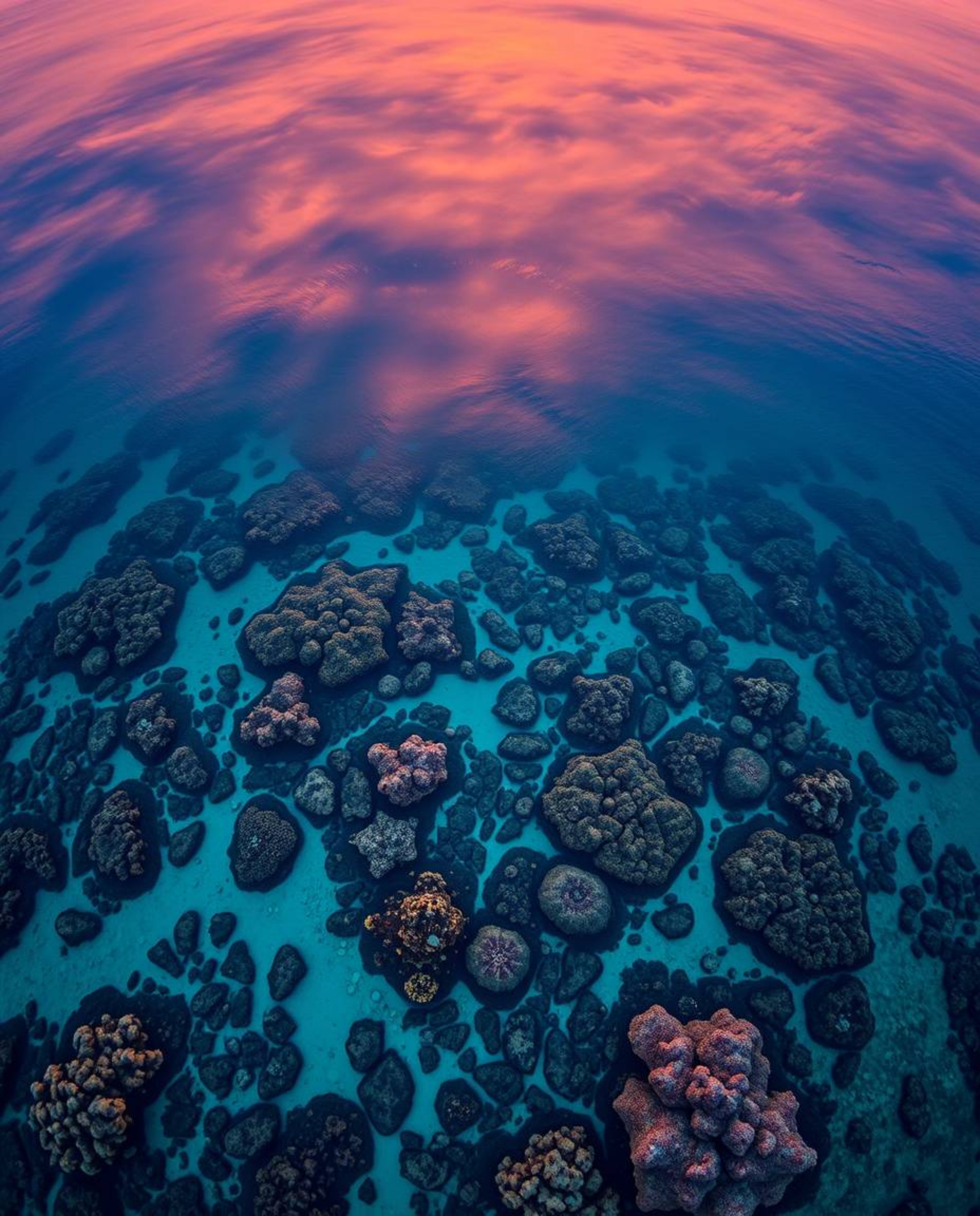 An overhead bird's-eye view captures a vibrant coral reef at low tide under a colorful sky. This stunning top-down perspectiv