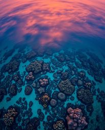 An overhead bird's-eye view captures a vibrant coral reef at low tide under a colorful sky. This stunning top-down perspectiv