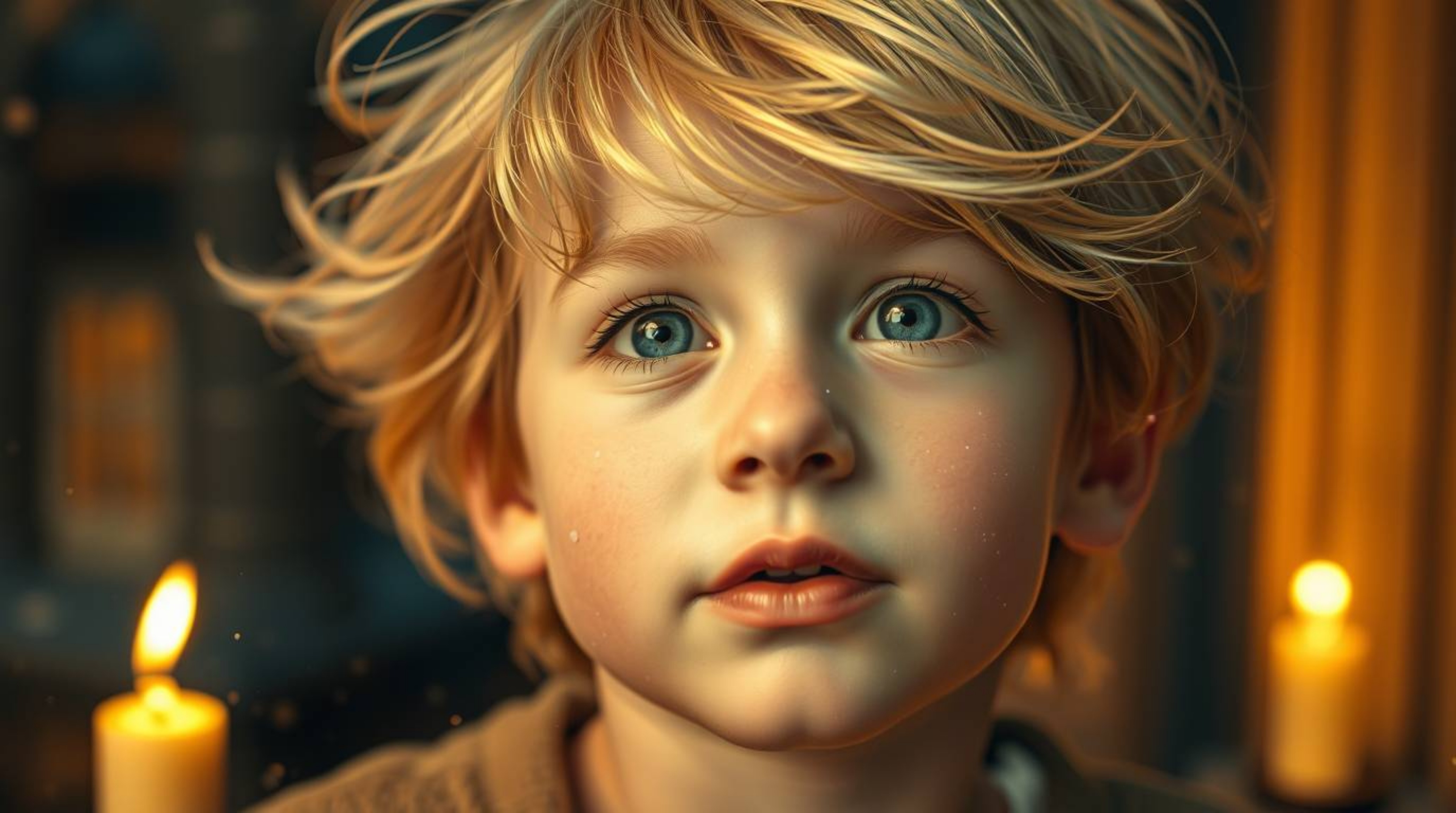 A captivating close-up shot depicts a young boy with peachy skin and windblown hair, soaring above the iconic cityscape of Lo