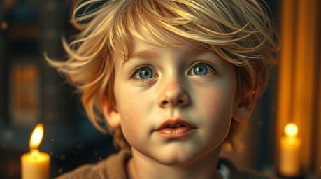 A captivating close-up shot depicts a young boy with peachy skin and windblown hair, soaring above the iconic cityscape of Lo