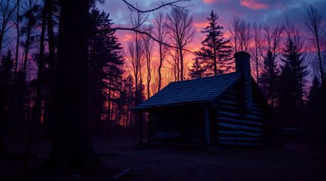 A captivating image showcasing an old wooden cabin nestled within a sunset-drenched woods, rendered in striking deep ultravio