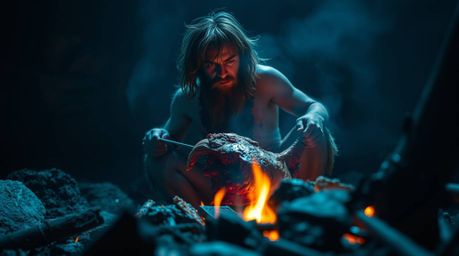 A captivating low-angle shot depicts a caveman skillfully cooking mammoth meat over an open fire. The scene is bathed in dram