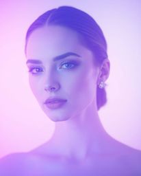 This image features a graceful and elegant subject with refined features, set against a minimal background. The soft gradient