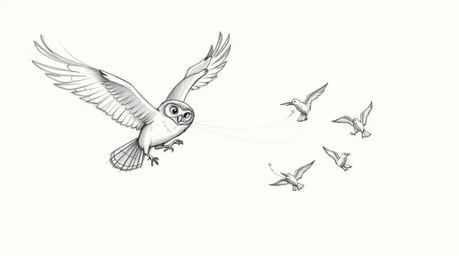 A charming hand-drawn sketch reminiscent of Pixar animation, depicting a blind owl gracefully mid-flight, serving as an unlik