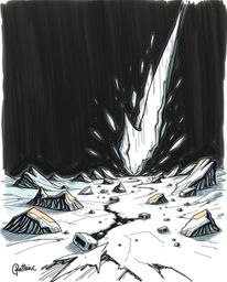 This stunning artwork showcases a digital glitch landscape breaking apart, rendered in a vibrant, hand-drawn sketchnote style
