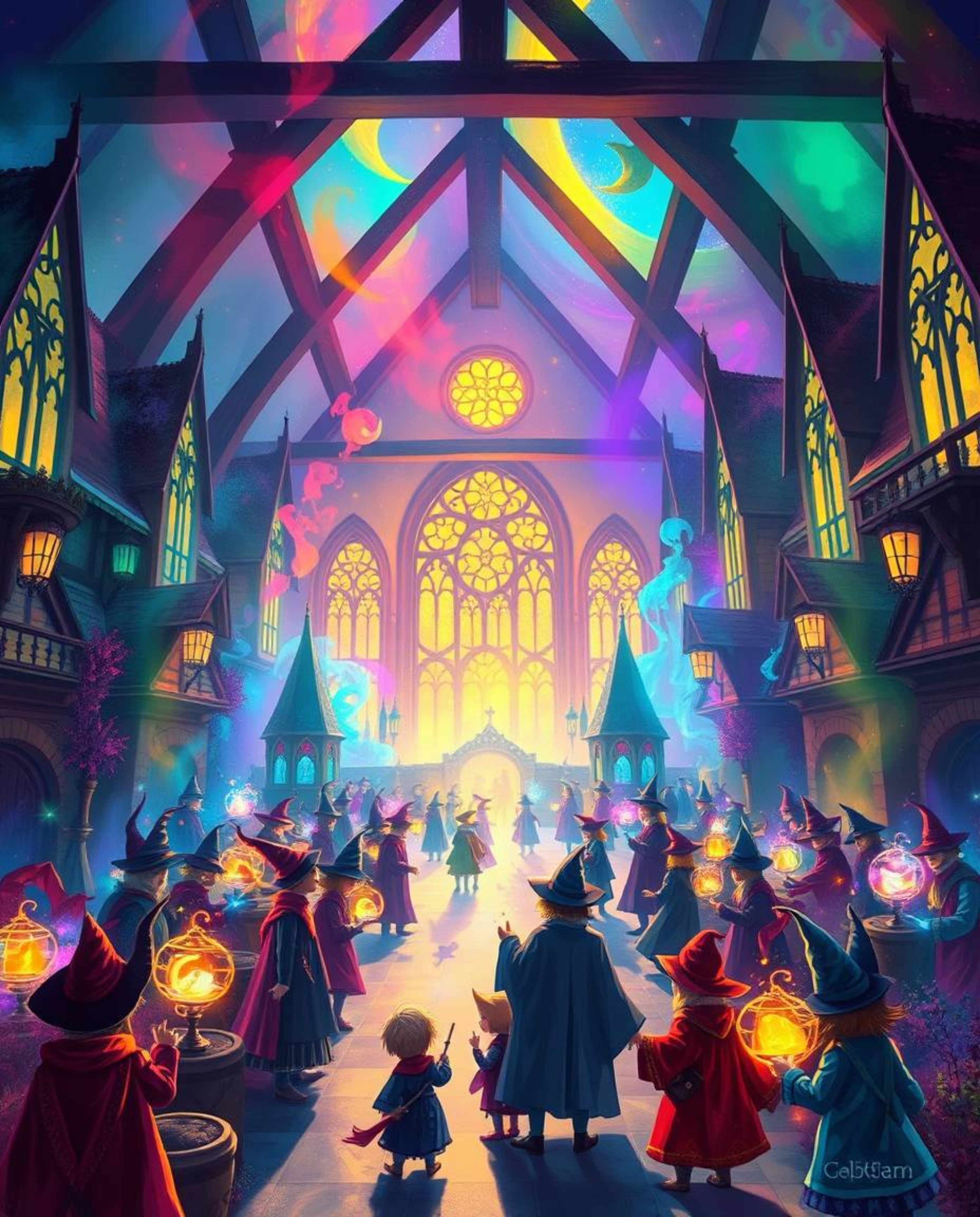 A vibrant digital painting depicts a magical school brimming with young wizards.  The artwork features gentle color contrasts