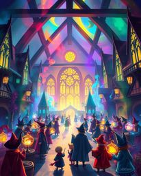A vibrant digital painting depicts a magical school brimming with young wizards.  The artwork features gentle color contrasts