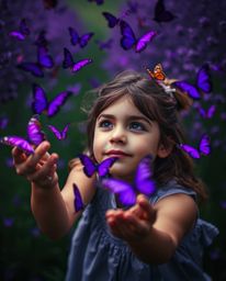 A stunning high-angle photograph captures a girl releasing butterflies into the air, bathed in deep ultraviolet hues. The ima